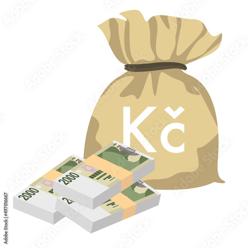 Czech Koruna Vector Illustration. Czech Republic money set bundle banknotes. Money bag 2000 CZK. Flat style. Isolated on white background. Simple minimal design.