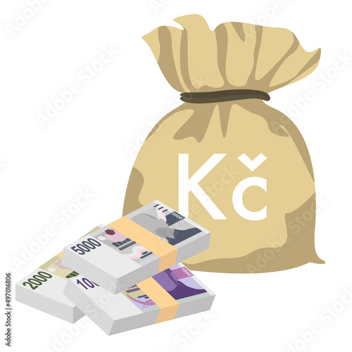 Czech Koruna Vector Illustration. Czech Republic money set bundle banknotes. Money bag 1000, 2000, 5000 CZK. Flat style. Isolated on white background. Simple minimal design.