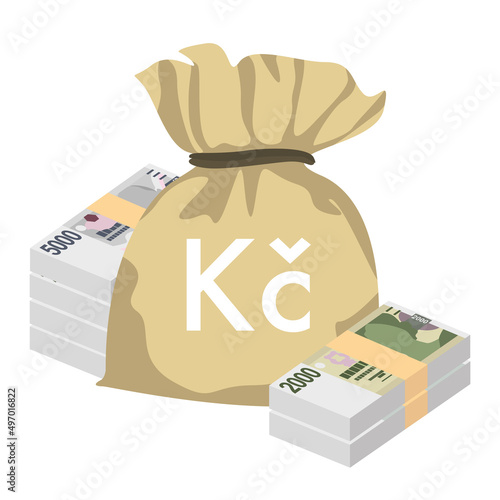 Czech Koruna Vector Illustration. Czech Republic money set bundle banknotes. Money bag 500, 1000, 2000, 5000 CZK. Flat style. Isolated on white background. Simple minimal design.