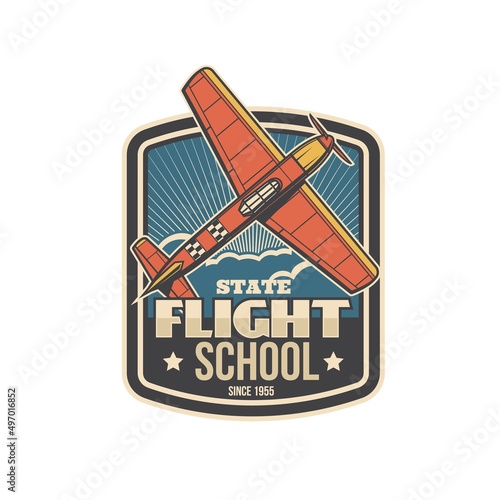 Flight school icon with airplane, pilots academy and aviation education vector badge. Aviator school and flights training center for civil aviation or avia instructor courses