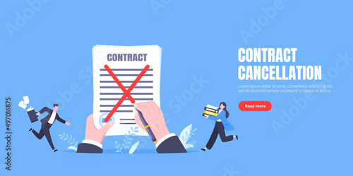 Contract cancellation business concept. Terminated tearing contract paper sheet breach flat style design vector illustration. Business people running toward giant hands with tearing contract papers.