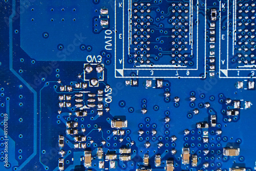 microcircuit closeup. Computer electronic parts, top view.
