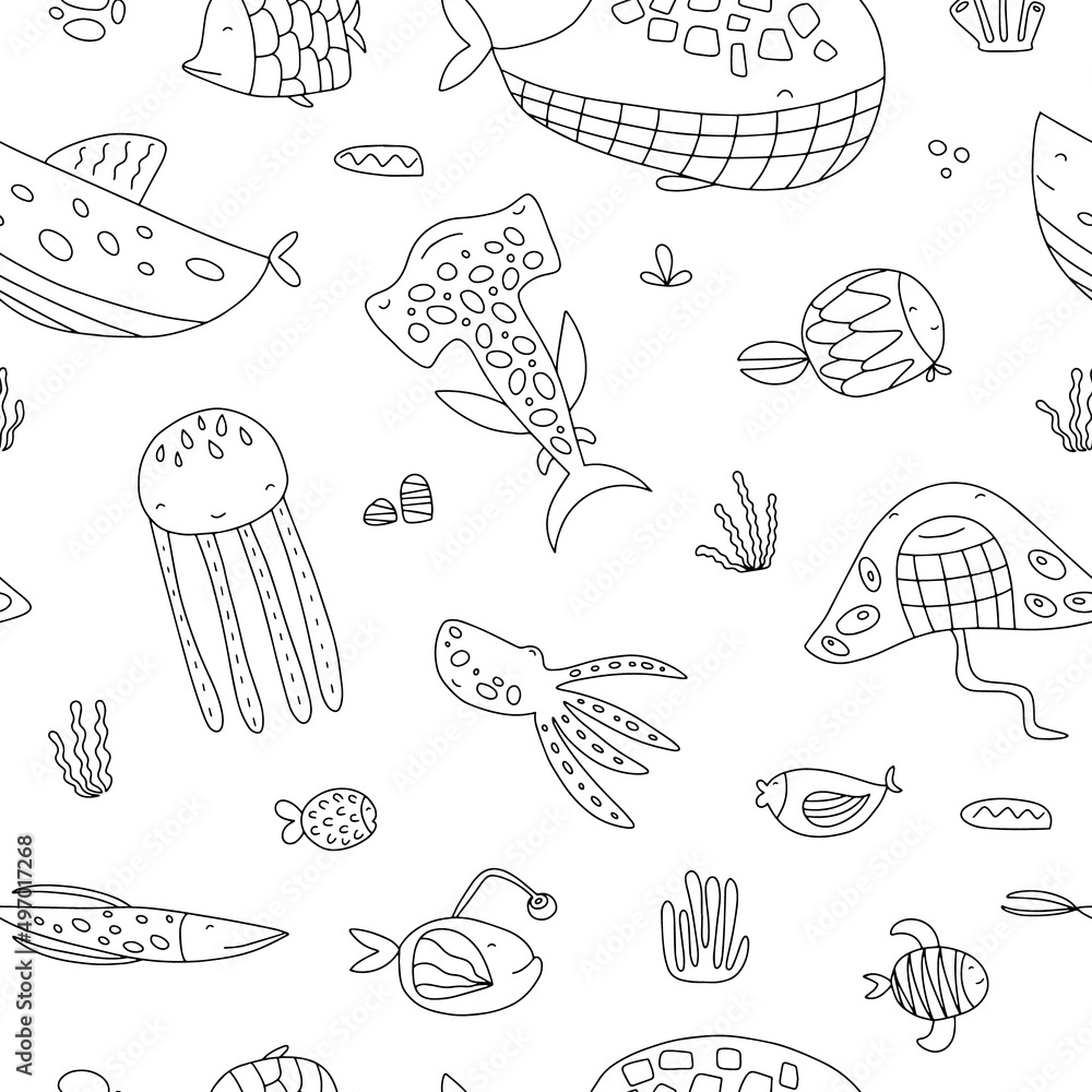 Seamless pattern of marine life in doodle style. Vector illustration isolated on white background