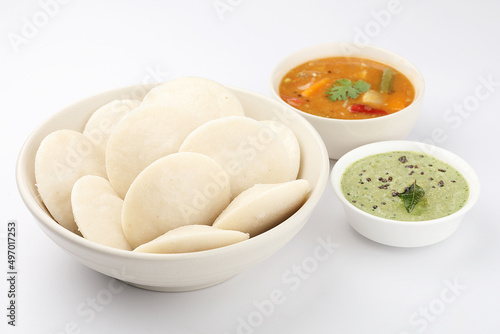 Steamed Idli with sambhar and chutney, South Indian breakfast photo