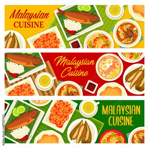 Malaysian cuisine restaurant food banners. Stuffed chilli peppers, Kuih Bakar Pandan pie and grilled fish with coconut, Bak Kut Teh and Soto Ayam soups, fish curry with vegetables, chilli shrimps