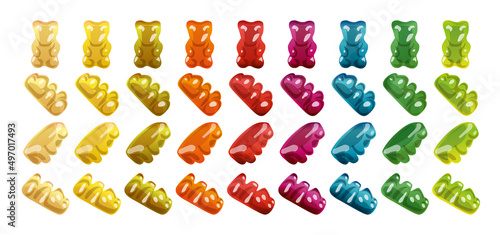Gummy Bear Candy from different angles and position isolated on white. Colorful Jelly Bears vector illustration.