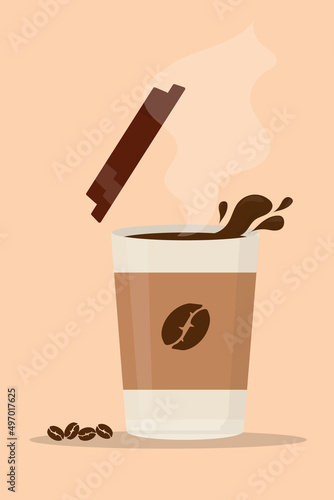 black coffee in a paper cup with splashes and steam hot