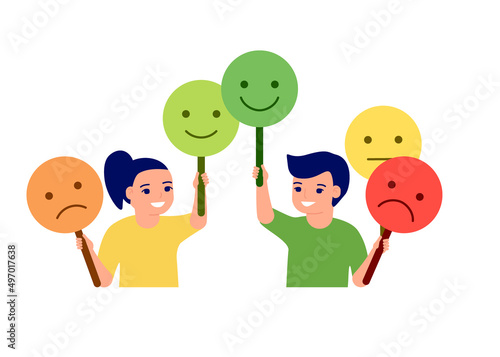 Children hold face masks expressing emotions and change mood. Emotional intellect, education, learn control emotion, play role. Boy and girl choice emoticon on plate. Vector illustration