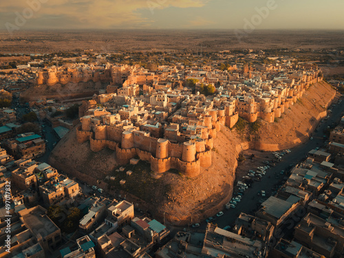 A landscape view of the Jaisalmer Fort situated in Rajasthan. Aerial view of forts in India.