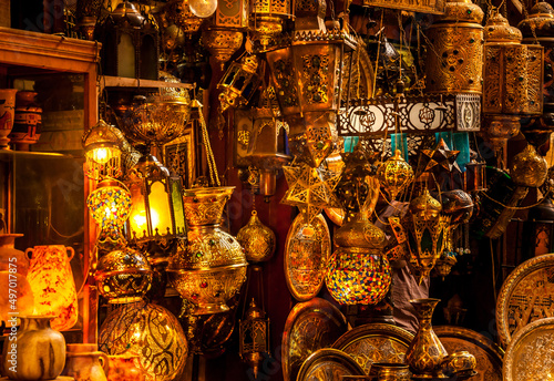 Photography Various arabic antique objects displayed in an old shop in the bazaar