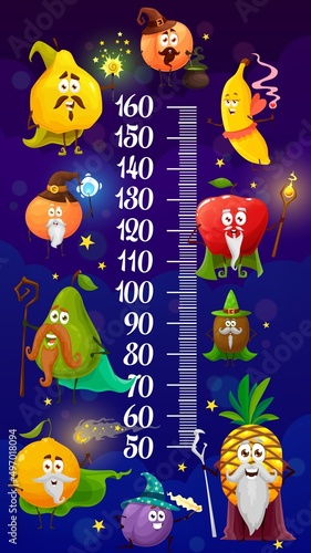 Kids height chart cartoon fruit magicians and wizards growth meter. Vector wall ruler with quince, orange, banana and apple with kiwi, pineapple and peach with pear cartoon characters with magic stuff