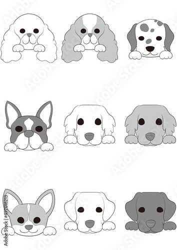 ワンちゃんの正面顏(手つき))6犬種9匹セット)グレースケール
