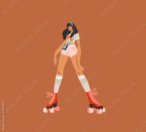 Hand drawn vector abstract flat stock modern graphic illustration character of young summer happy retro vintage hippie girl roller skating,90s vintage print concept,retro vector people design.