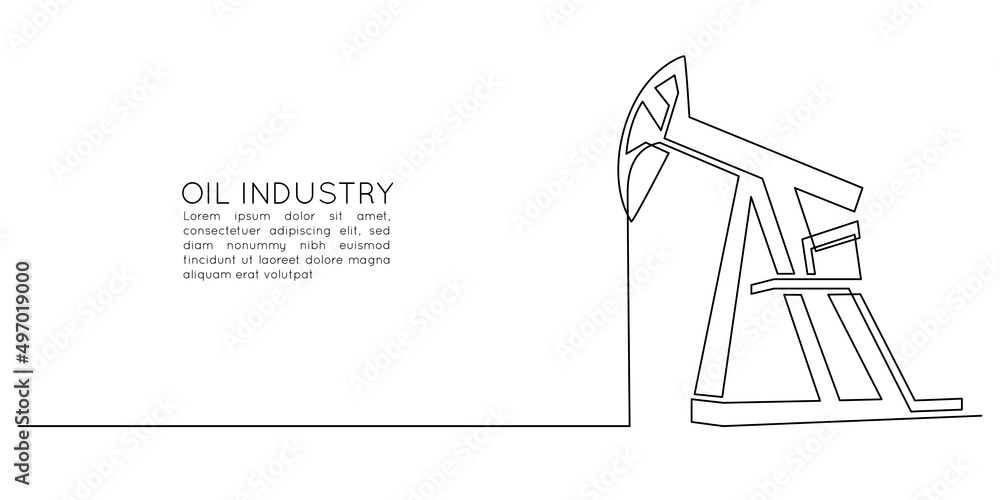 Oil pump jack platform of One continuous line drawing. Drilling rig petroleum production and trade industry in simple linear style. Non-renewable energy concept. Vector illustration Oil pump jack platform of One continuous line drawing. Drilling rig petroleum production and trade industry in simple linear style. Non-renewable energy concept. Vector illustration