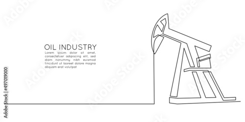 Oil pump jack platform of One continuous line drawing. Drilling rig petroleum production and trade industry in simple linear style. Non-renewable energy concept. Vector illustration