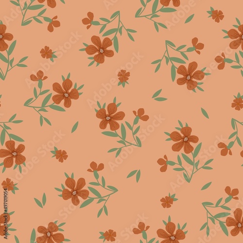 Simple vintage pattern. Brown flowers  green leaves. Beige background. Fashionable print for textiles and wallpaper.