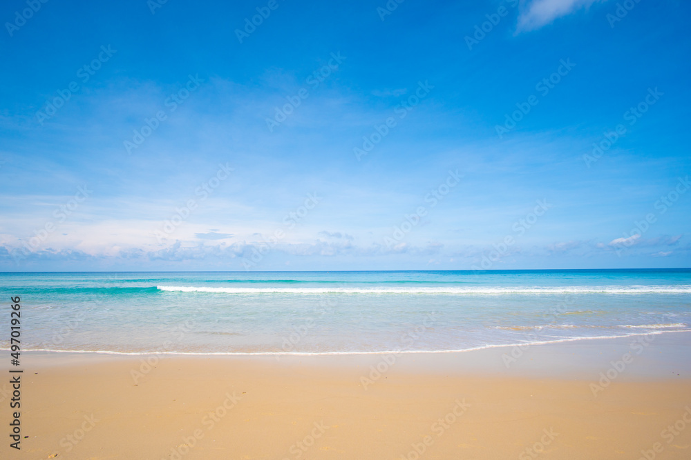 Phuket beach sea sand and sky. Landscape view of beach sea in summer day. Beach space area. At Karon Beach, Phuket, Thailand. On 15 Jan 2022. 4K UHD. Video Clip Nature and travel concept.