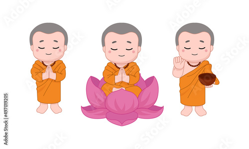 Cute little monk character in various pose set