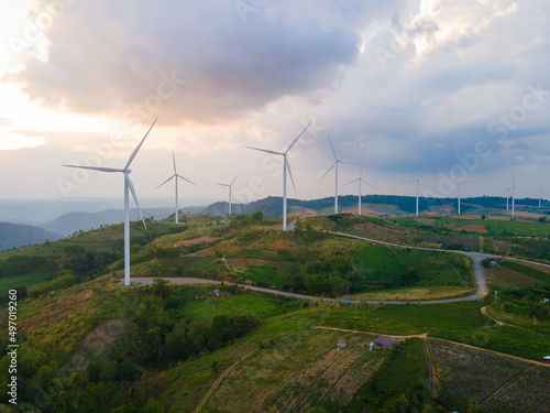 21 February 2022 Windmills, Khao Kho, Phetchabun, Thailand. Aerial view Windmill generator electric power park Eco power park system.