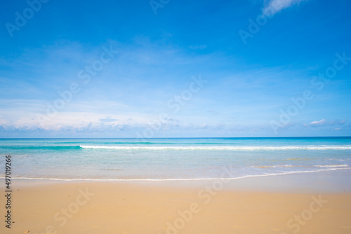 Phuket beach sea sand and sky. Landscape view of beach sea in summer day. Beach space area. At Karon Beach, Phuket, Thailand. On 15 Jan 2022. 4K UHD. Video Clip Nature and travel concept.