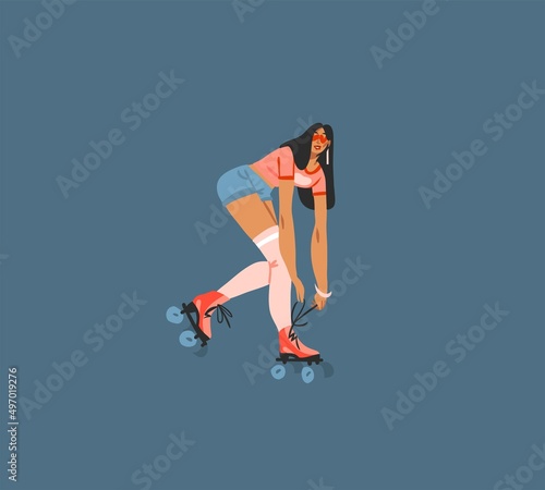 Hand drawn vector abstract flat stock modern graphic illustration character of young summer happy retro vintage hippie girl roller skating,90s vintage print concept,retro vector people design.
