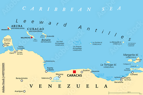 Leeward Antilles political map. Chain of islands in the Caribbean. From Aruba, Curacao and Bonaire to La Tortuga and Margarite Island. Southerly islands of Lesser Antilles, north the Venezuelan coast. photo