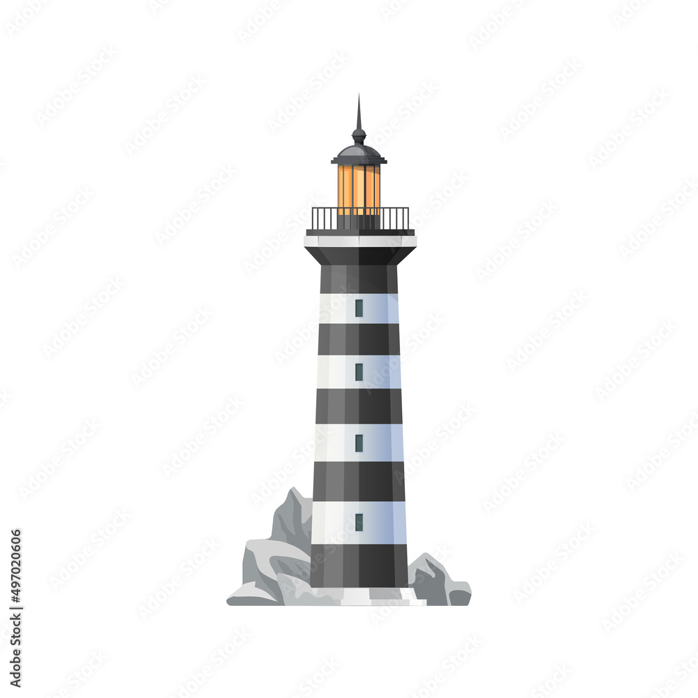 Sea lighthouse building icon. Marine lighthouse tower, vector nautical beacon. Maritime travel, tourism symbol, striped lighthouse lantern building on ocean shore with stones and rocks Sea lighthouse building icon. Marine lighthouse tower, vector nautical beacon. Maritime travel, tourism symbol, striped lighthouse lantern building on ocean shore with stones and rocks