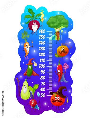 Kids height chart. Magicians and wizards, cartoon vegetables, vector growth meter. Kids height chart scale with tomato and cucumber wizards, pumpkin and pepper, broccoli, radish and carrot mages