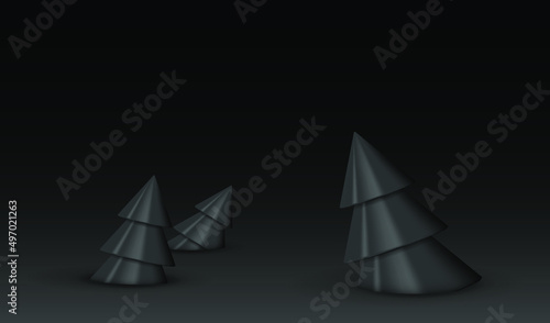 Dark landscape with fallen forest. Black fallen fir trees. Gloomy Halloween background