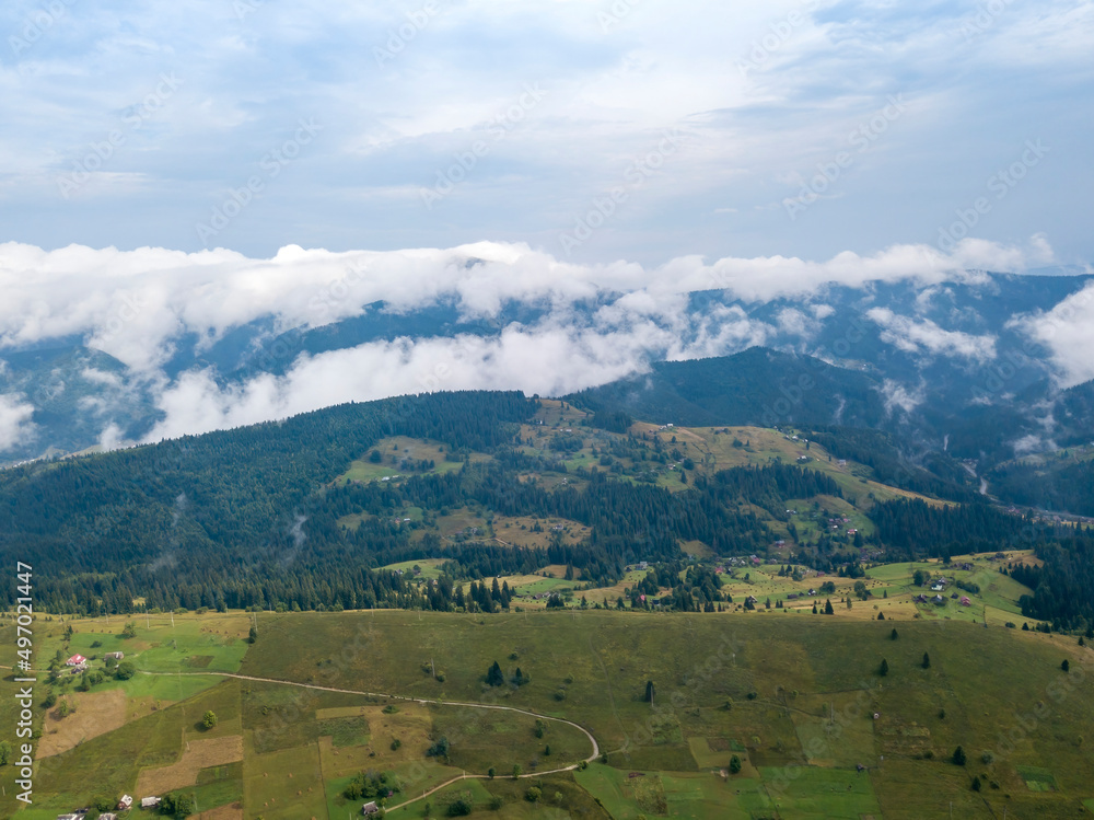 High flight in the mountains of the Ukrainian Carpathians. Aerial drone view.