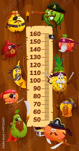 Kids height chart, cartoon fruit pirates and corsairs growth meter. Vector stadiometer ruler with quince, watermelon, apple, and pineapple, lemon, peach, pear and orange, banana or garnet filibusters