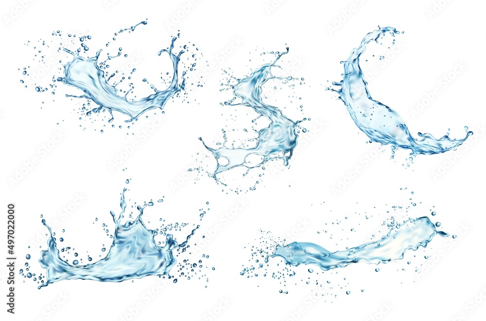 Transparent blue water splashes and wave with drops. Vector liquid splashing fluids with droplets, isolated realistic 3d elements, transparent fresh drink, clear aqua falling or pour with air bubbles - obrazy, fototapety, plakaty 