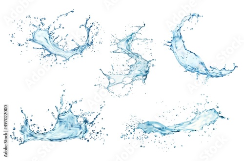 Transparent blue water splashes and wave with drops. Vector liquid splashing fluids with droplets, isolated realistic 3d elements, transparent fresh drink, clear aqua falling or pour with air bubbles