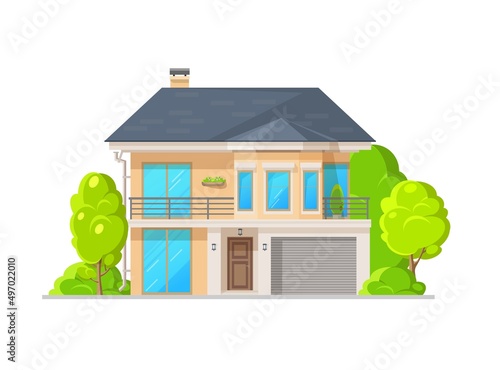 Modern residential house exterior with garage. Suburban two-story building with balcony and box for car. Vector yellow stone home facade with slopping roof. Luxury cottage architecture mansion