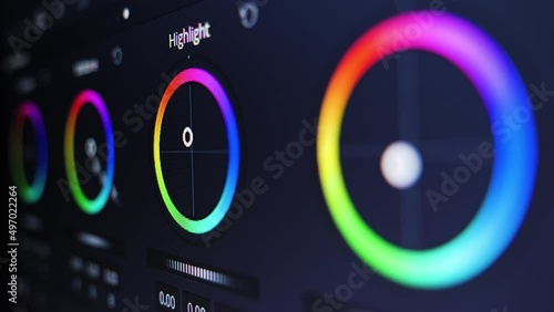 Color grading wheels. Adjusting color panel in close-up, selective focus