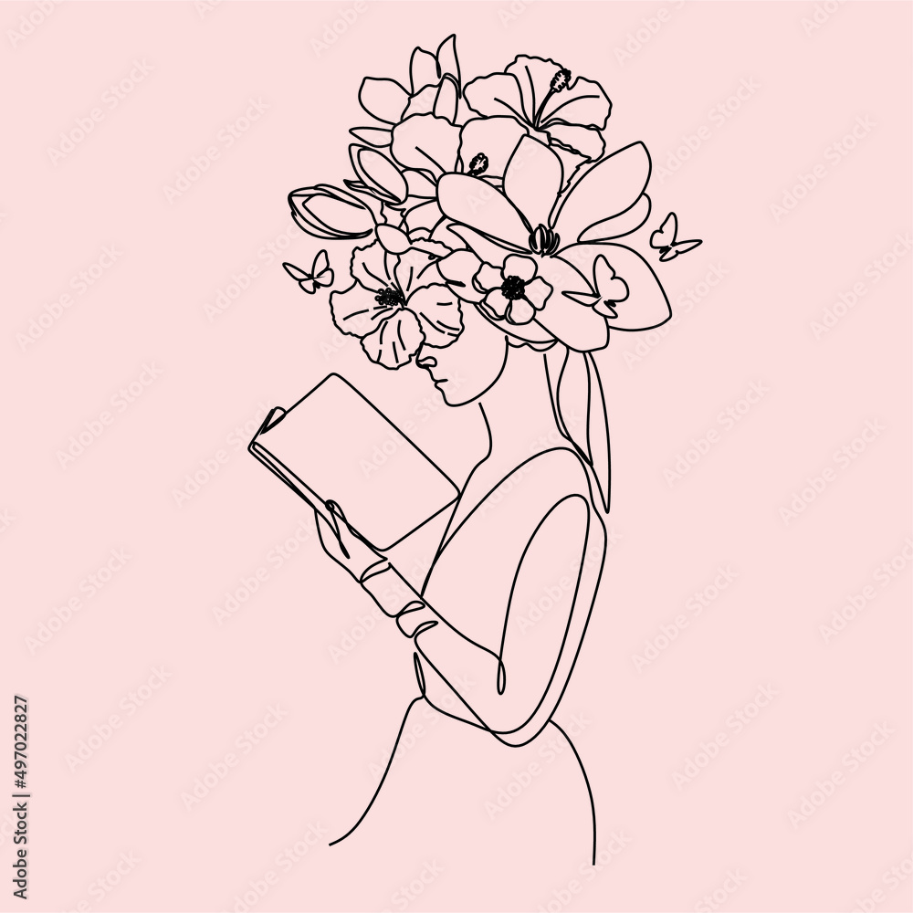 Free Vectors  Girl reading a line drawing book 2