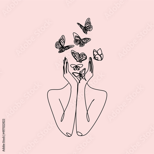 Self Love Line Art Concept. Line drawing Minimalist Abstract woman with a flower head. Nature symbol of cosmetics body care