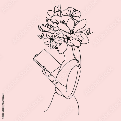 Reading Line art Minimalist Vector Illustration/ Woman with a book. Girl reading line drawing logo