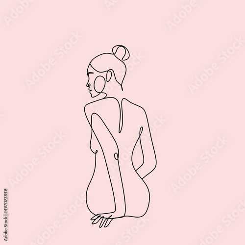 Trendy abstract one line woman body with flowers and leaves. Girl covering her nude breast. Naked woman standing back one line drawing on white isolated background. Vector illustration