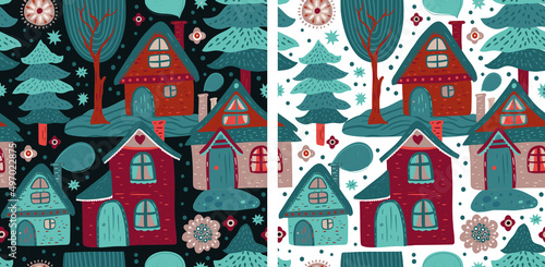 Seamless pattern design with houses and trees, Can be used for notebook cover, phone case pattern, wrapping paper, fashion print design etc.