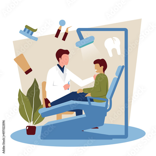 Dentist Examining Patient Tooth Doctor Dental Health Care Flat Illustration