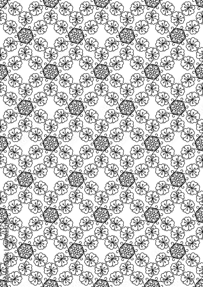 black and white vertical decorative cover. a4. monochrome seamless floral pattern. circular ornament. coloring, print, template. black and white vertical decorative cover. a4. monochrome seamless floral pattern. circular ornament. coloring, print, template.