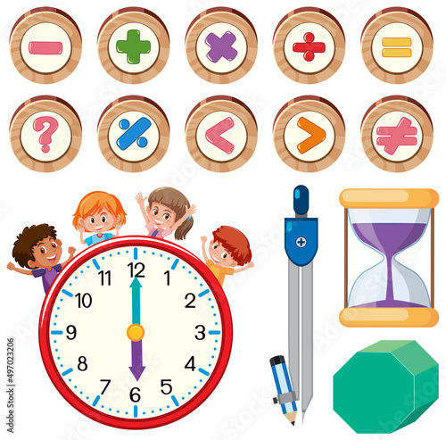 Math classroom objects with supplies and students