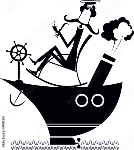 
Cartoon captain of the ship with long mustache.
The ship. Brave captain sitting in the rocking chair and smoking a pipe black on white background
