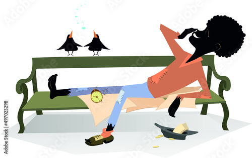 Cheerful beggar African lies on the bench. Smiling African man with bare foot and a broken boot on another, hat with small change lies on the bench, listens birds and looks happy isolated on white 