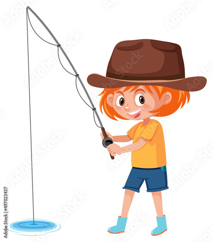 Young girl fishing white background