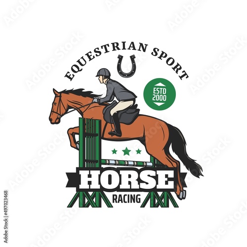 Equestrian sport and horse racing vector icon. Horse and jockey jumping over barrier with horseback rider helmet and boots, horsey saddle, horseshoe and equine harness, show jumping