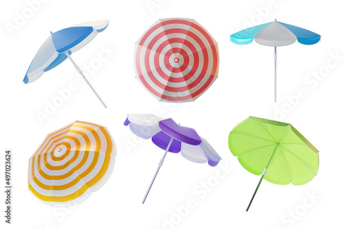 3d Color Beach Umbrella Set Cartoon Style Isolated on a White Background. Vector illustration of Parasol