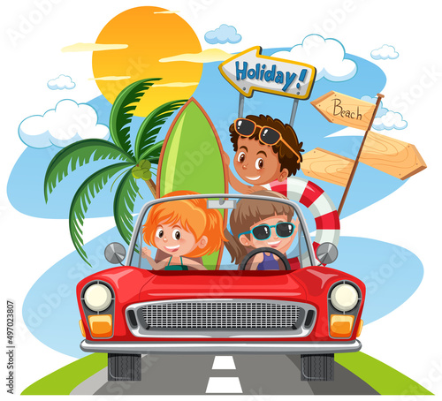 Children in classic car with holiday theme