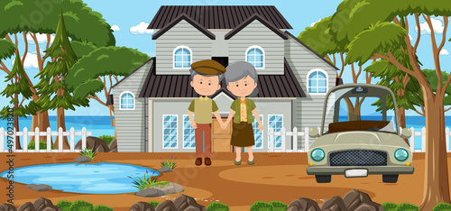 Old couple standing in front of house